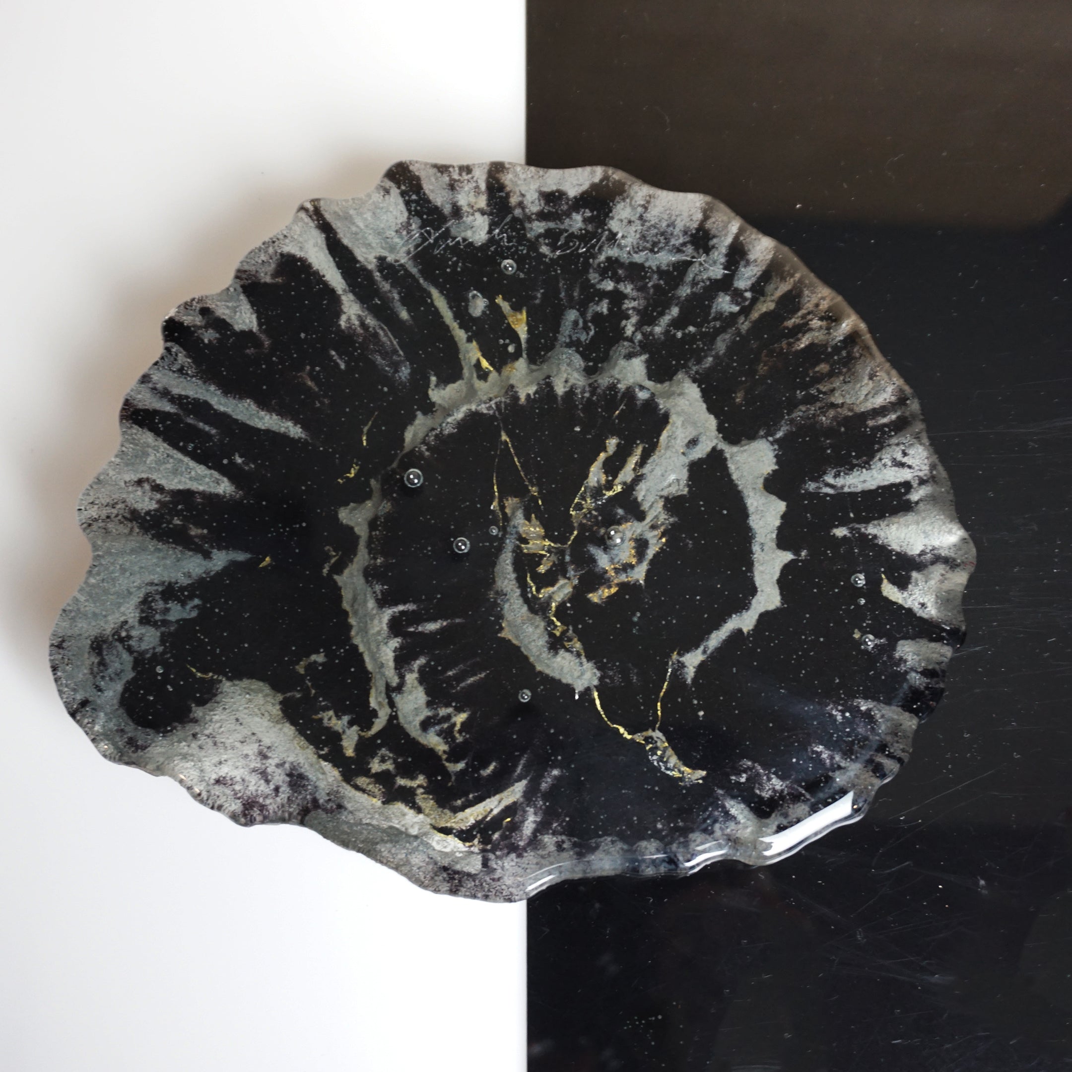 8.5" Brilliant Polished Ammonite Fossil Art. Signed by Artist.
