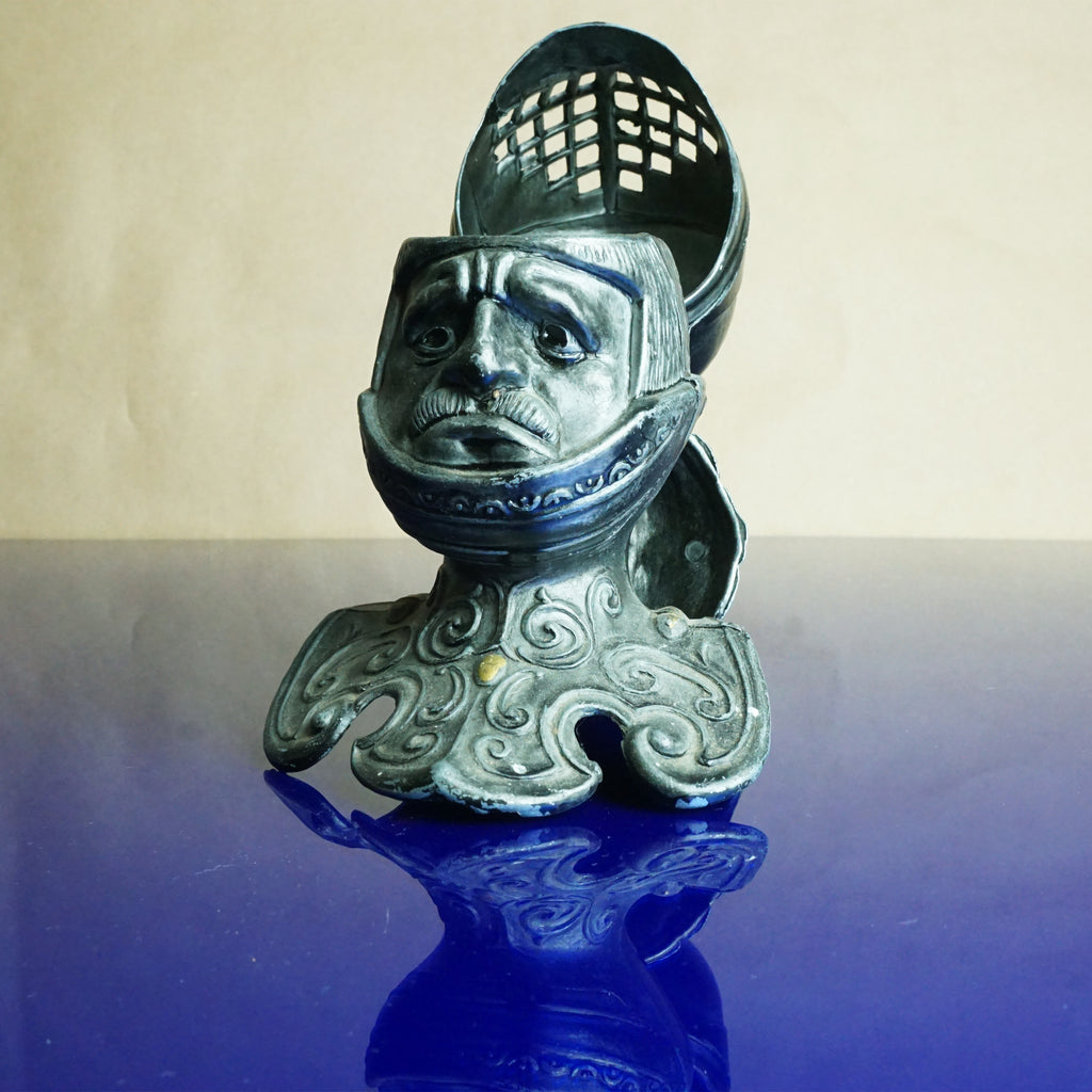 19th Century Vintage WORRIED KNIGHT Tole Figural English Silvered Metal Inkwell