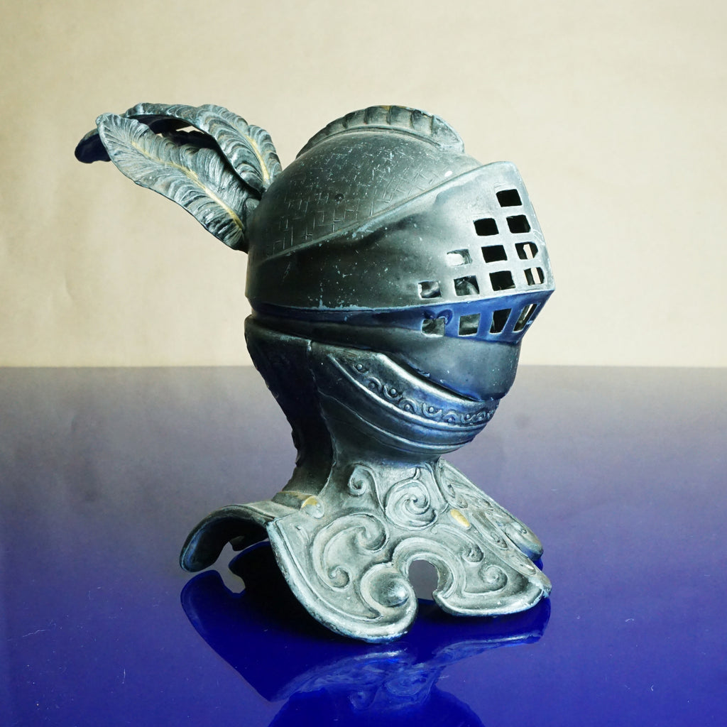 19th Century Vintage WORRIED KNIGHT Tole Figural English Silvered Metal Inkwell