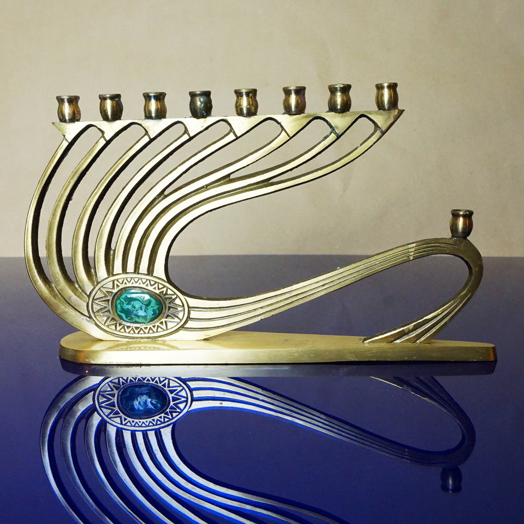 Vintage Brass OPPENHEIM 9431 Menorah with a Turquoise Stone. Made in Israel.