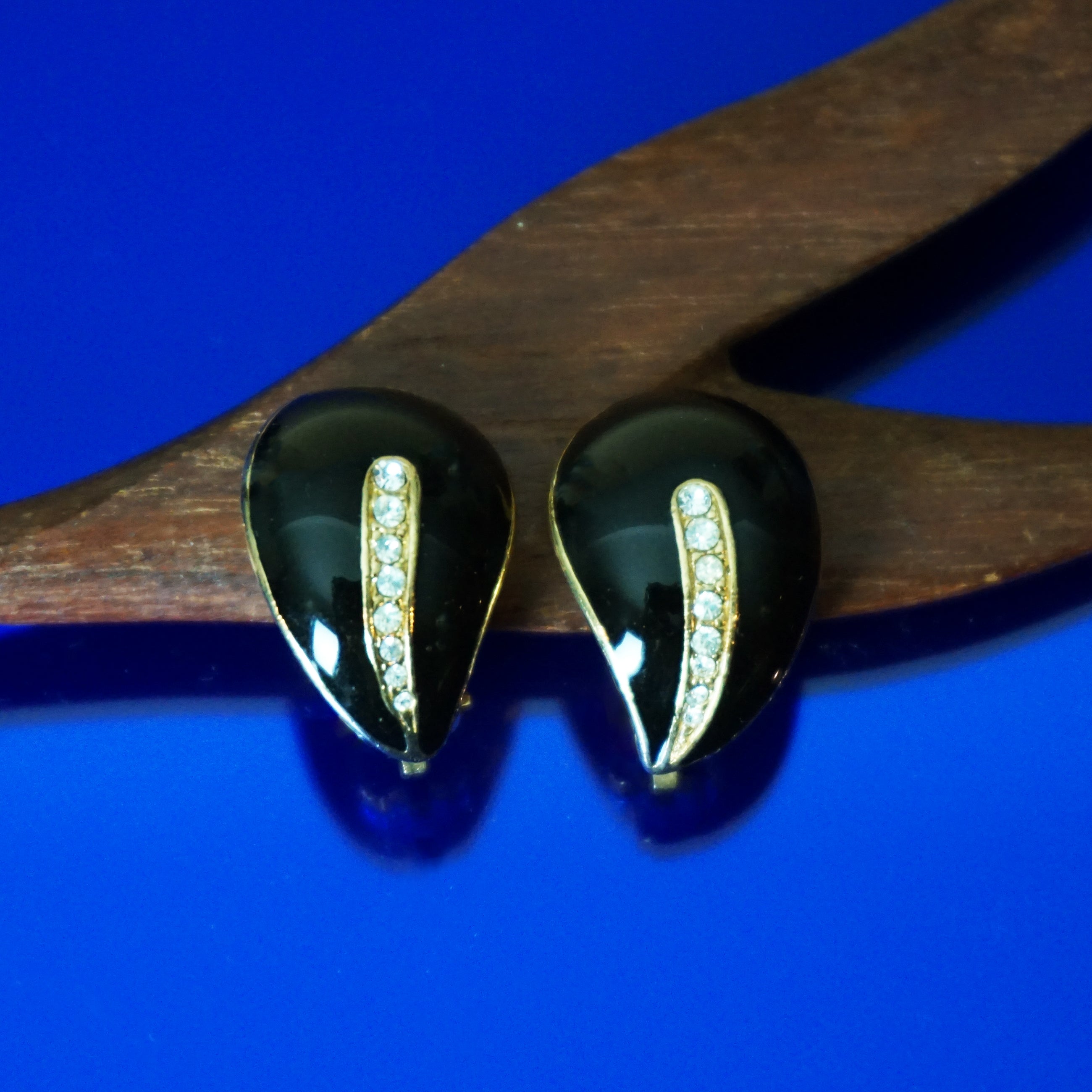 1980s Vintage Black Enamel, Rhinestone and Gold Tone Clip-on Earrings