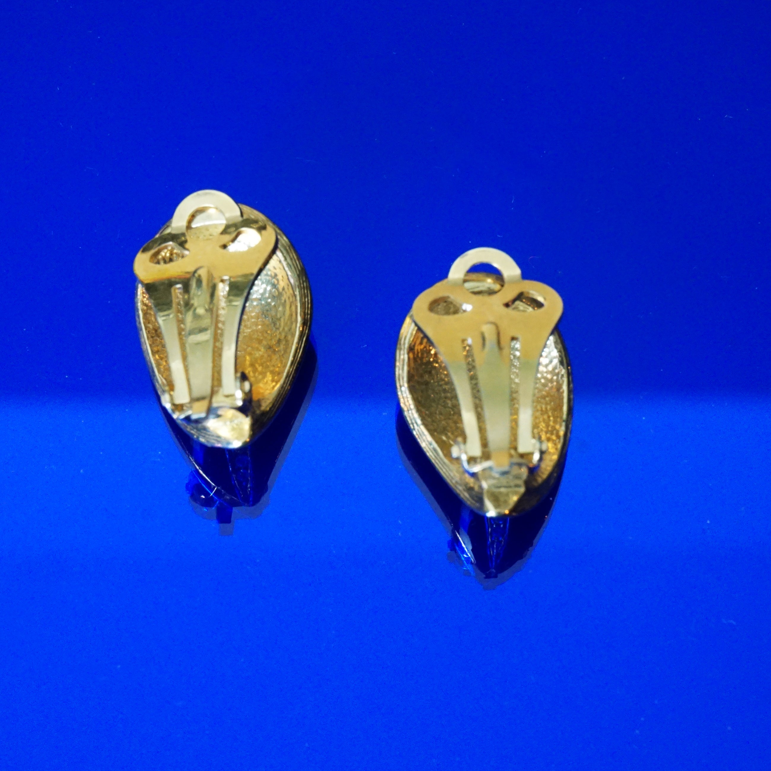 1980s Vintage Black Enamel, Rhinestone and Gold Tone Clip-on Earrings