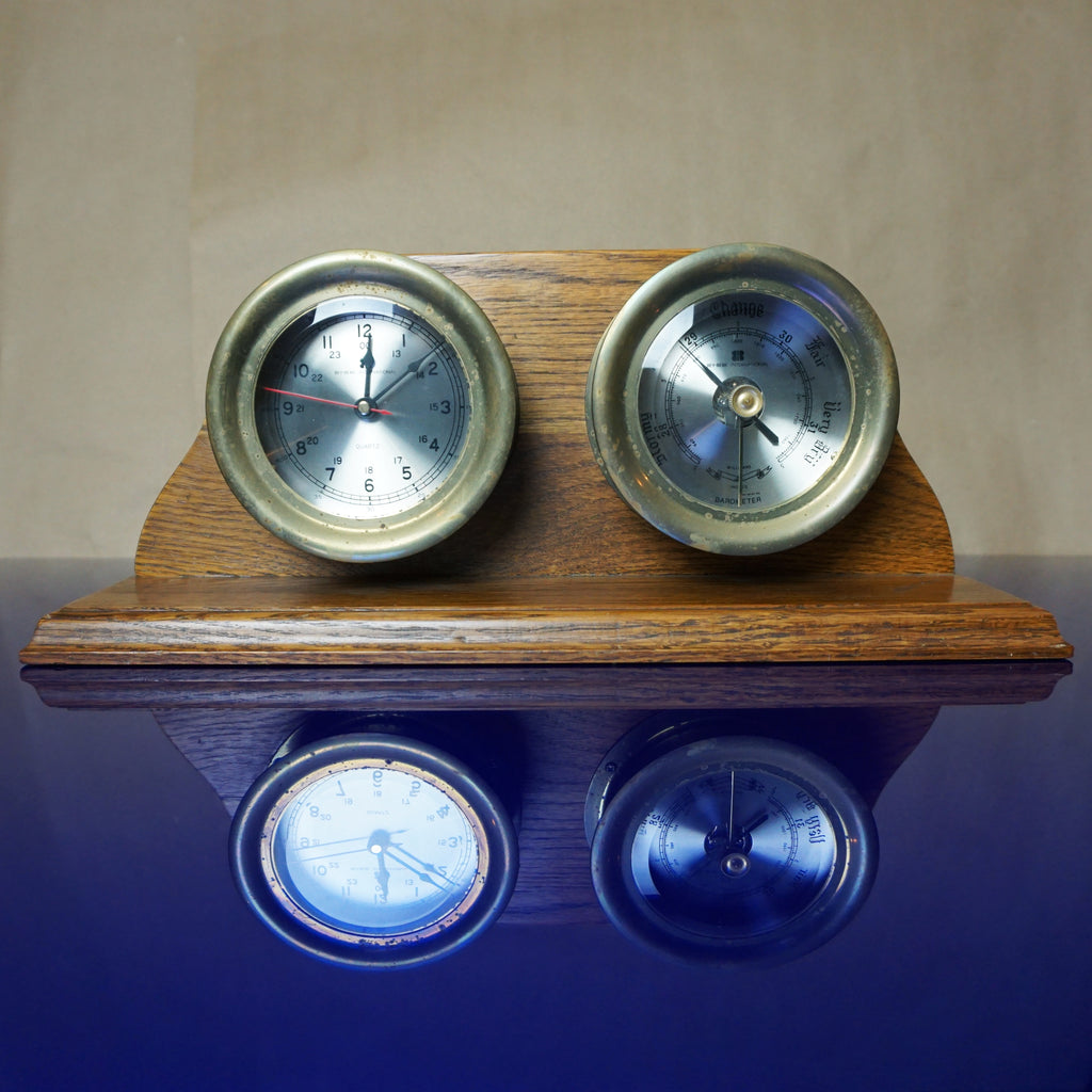Set of 2 Vintage BEY-BERK INTERNATIONAL Ship Clock + Barometer w/ Wooden Stand.