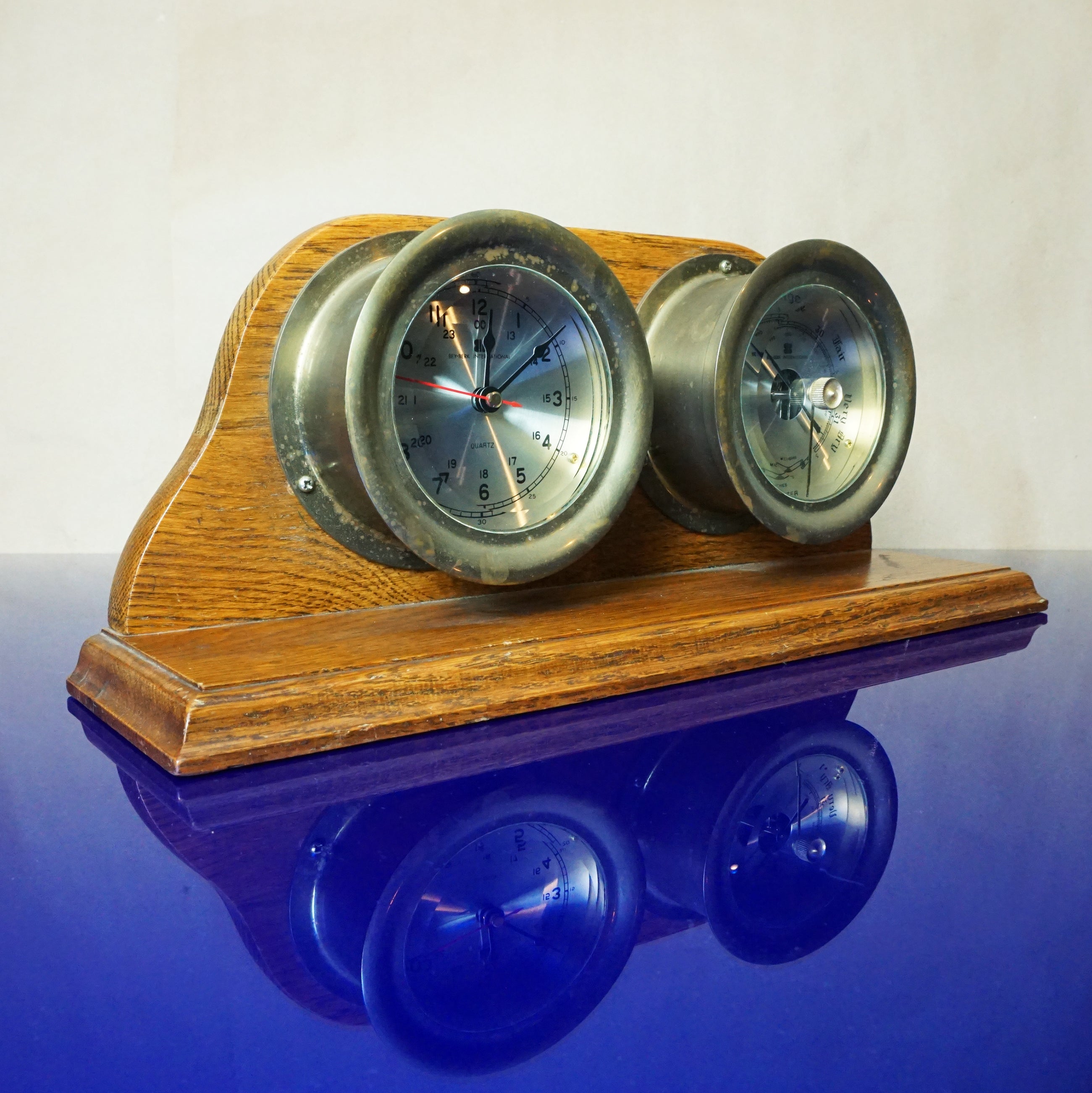 Set of 2 Vintage BEY-BERK INTERNATIONAL Ship Clock + Barometer w/ Wooden Stand.