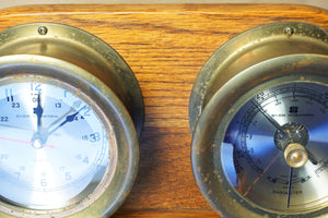 Set of 2 Vintage BEY-BERK INTERNATIONAL Ship Clock + Barometer w/ Wooden Stand.