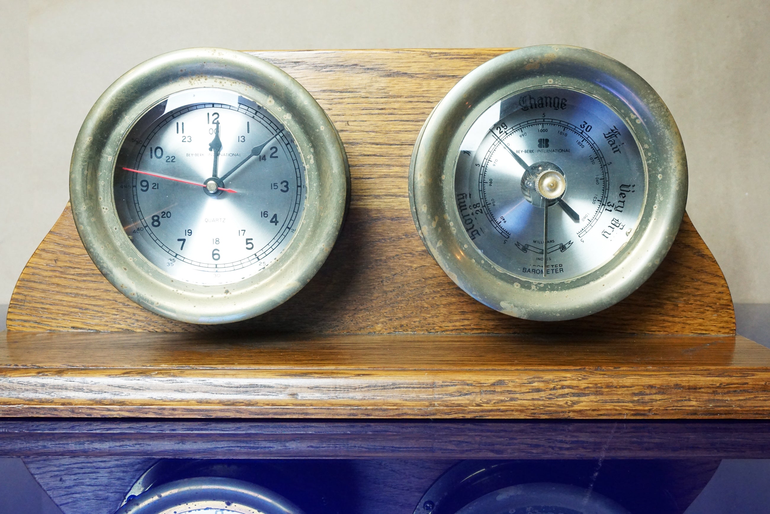 Set of 2 Vintage BEY-BERK INTERNATIONAL Ship Clock + Barometer w/ Wooden Stand.