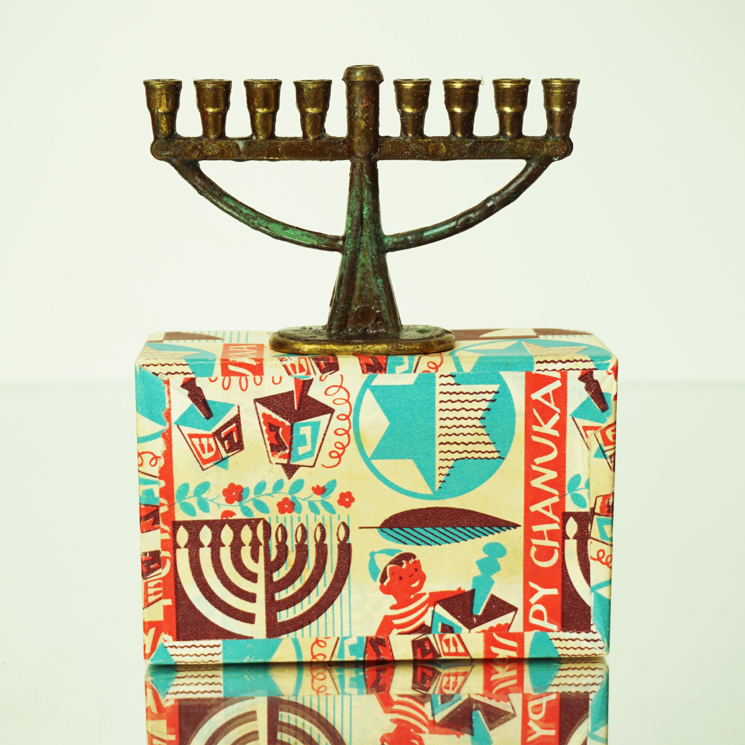 1980 Vintage Brass Happy Chanukah Menorah with Art Deco Box and Instruction Page