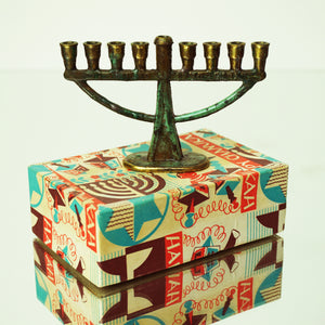 1980 Vintage Brass Happy Chanukah Menorah with Art Deco Box and Instruction Page