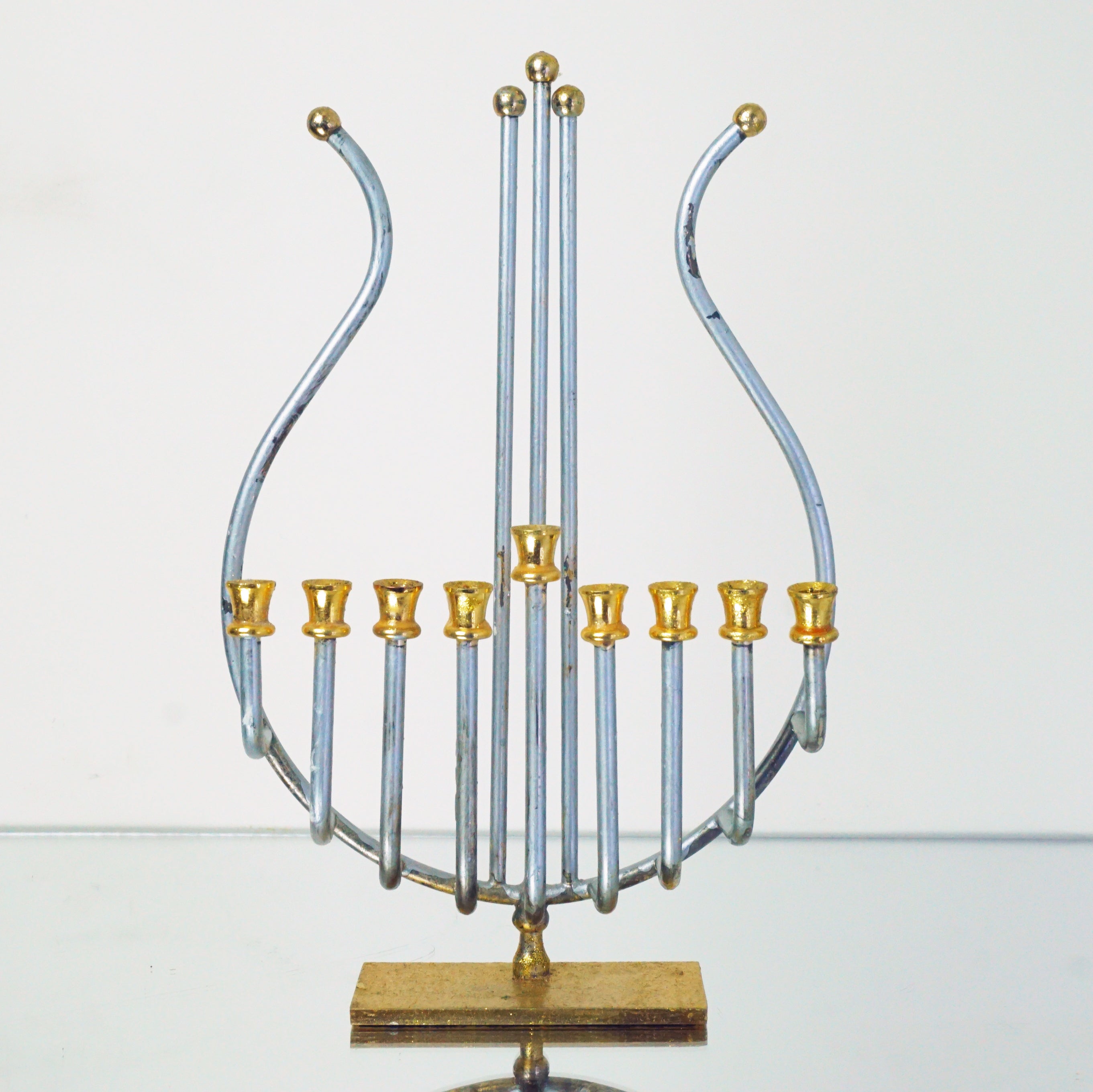 1970s Vintage 24K Gold & Silver Plated King David's Harp Hanukkah Menorah