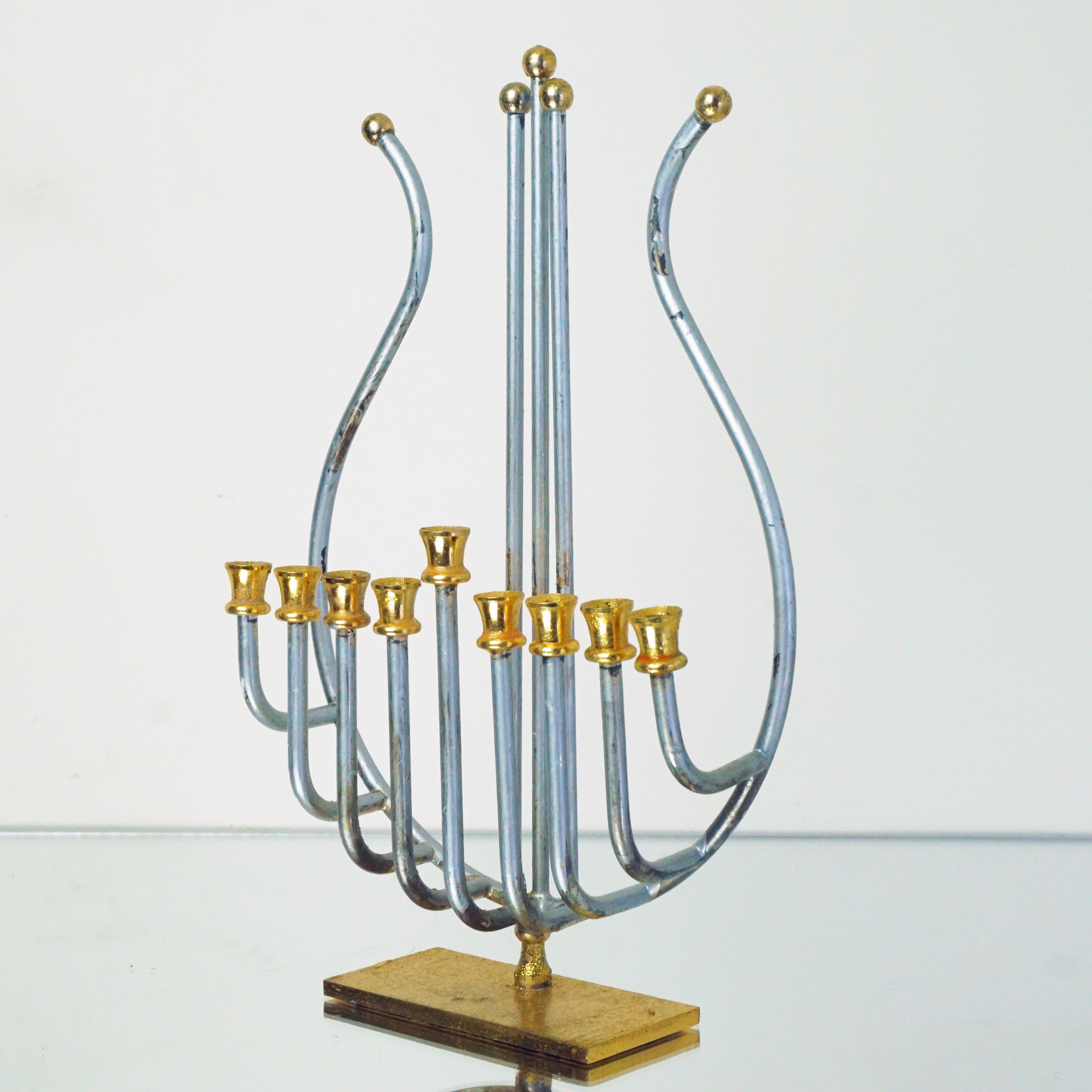 1970s Vintage 24K Gold & Silver Plated King David's Harp Hanukkah Menorah