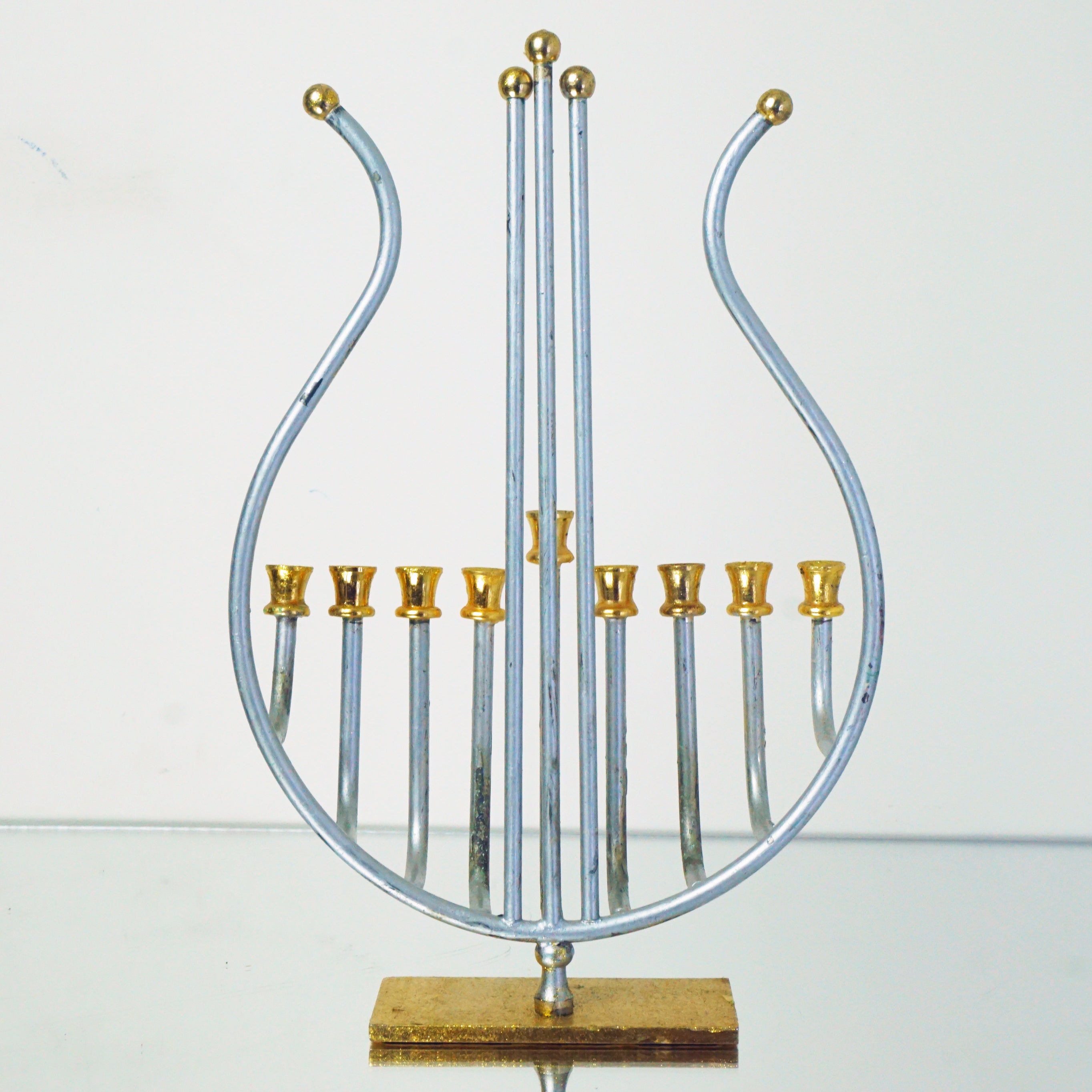 1970s Vintage 24K Gold & Silver Plated King David's Harp Hanukkah Menorah