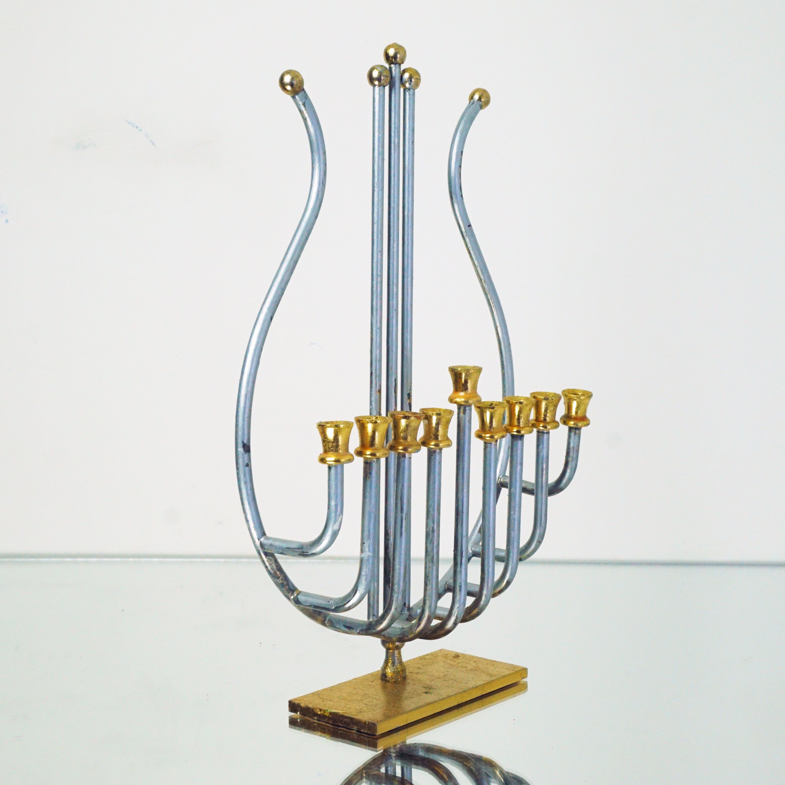 1970s Vintage 24K Gold & Silver Plated King David's Harp Hanukkah Menorah