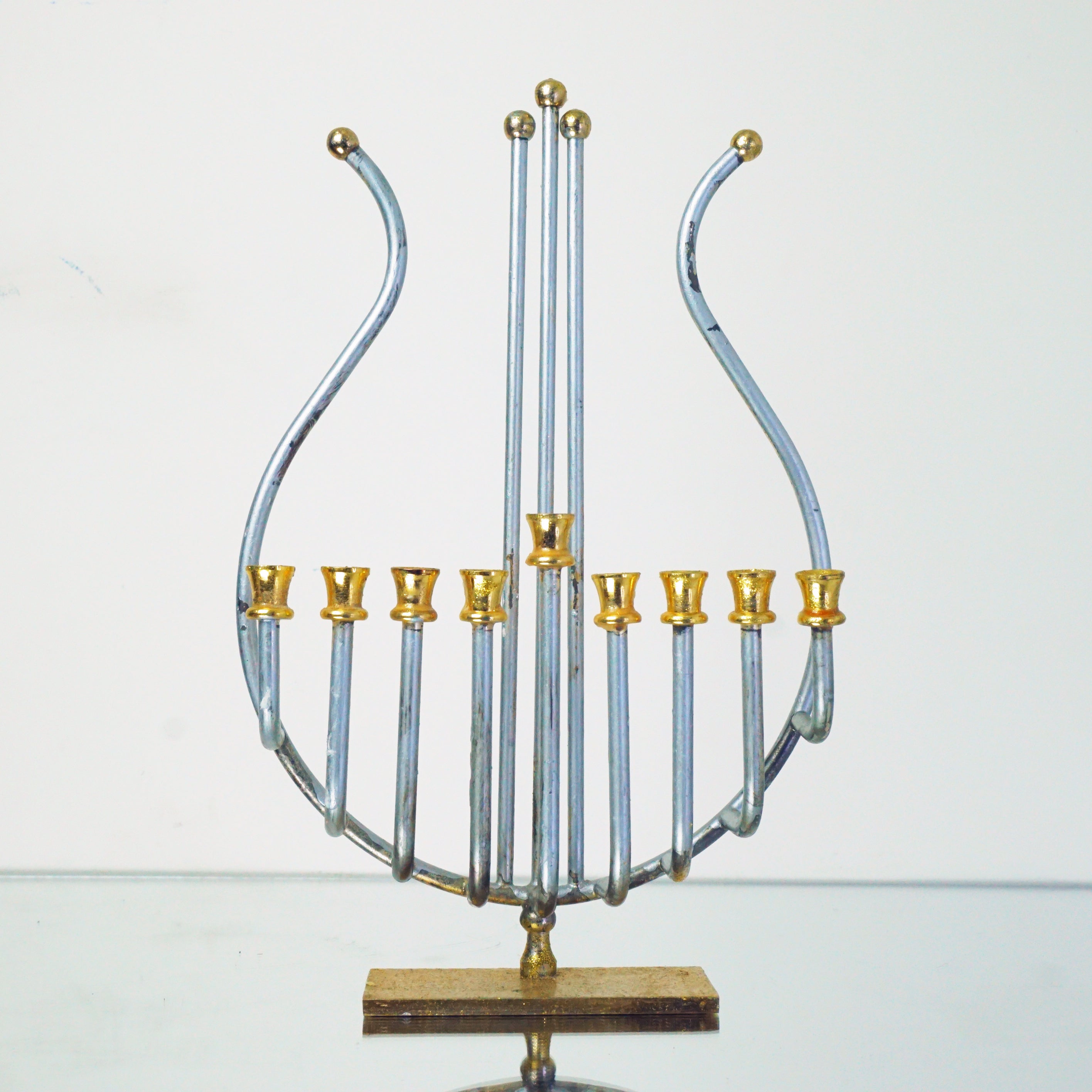1970s Vintage 24K Gold & Silver Plated King David's Harp Hanukkah Menorah