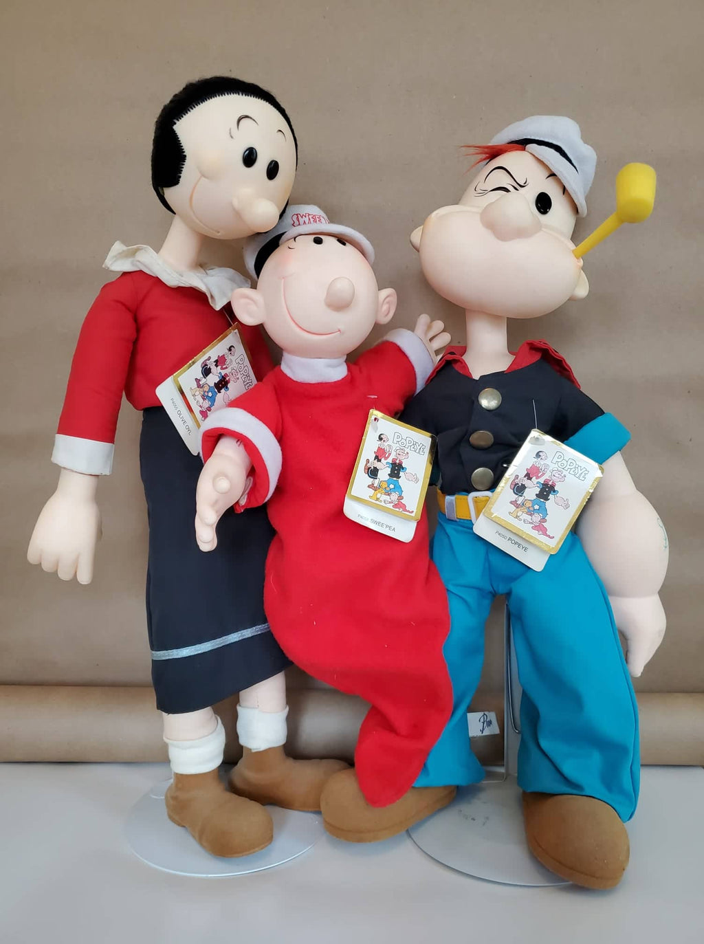 1985 Set of 3 Popeye, Olive Oil, Sweet Pea Family Soft Character Dolls w/ Stands. Vintage.
