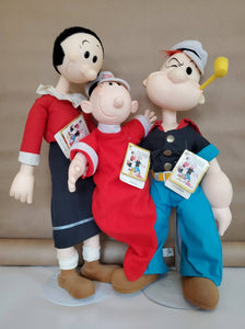 1985 Set of 3 Popeye, Olive Oil, Sweet Pea Family Soft Character Dolls w/ Stands. Vintage.
