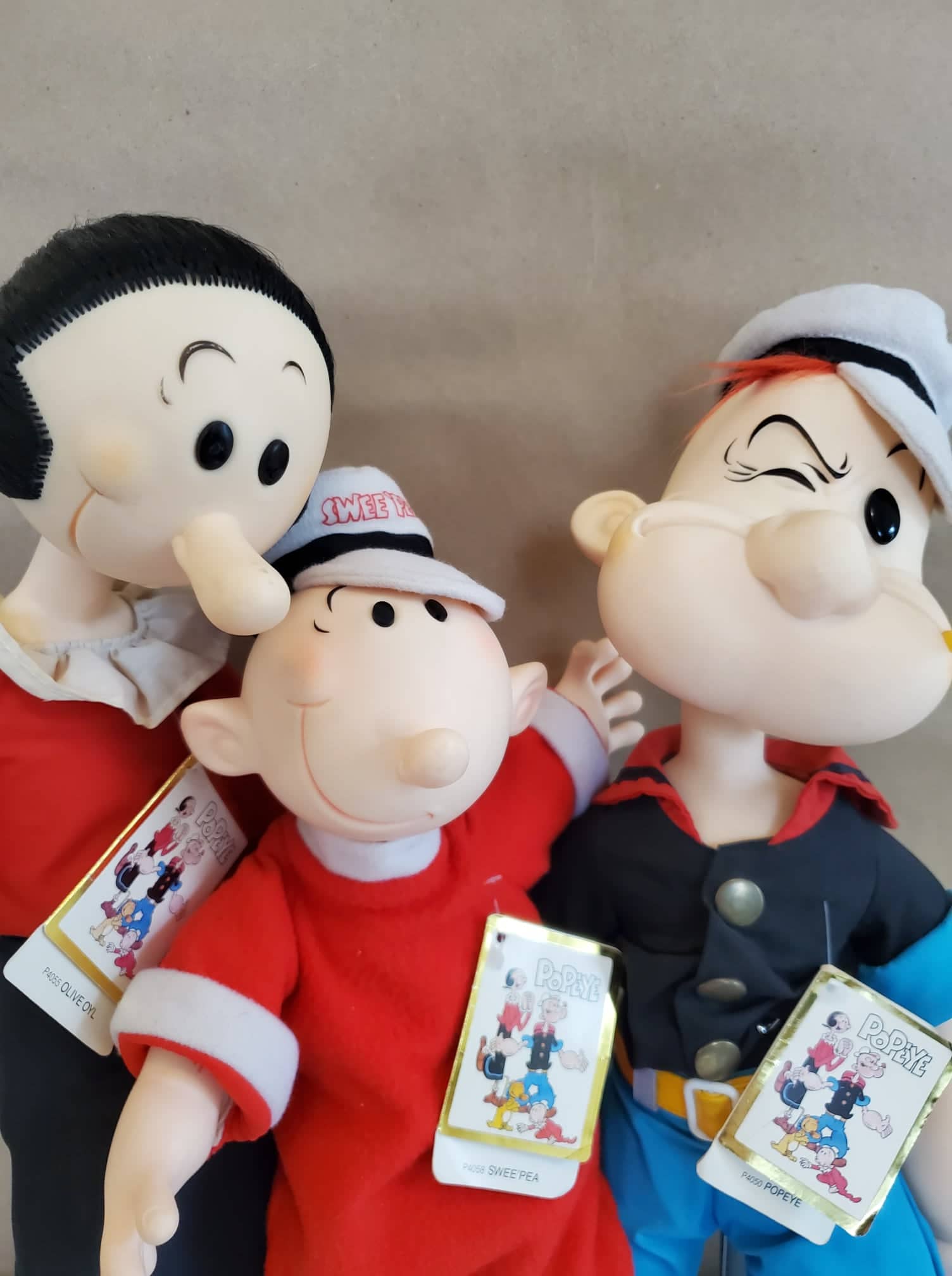 1985 Set of 3 Popeye, Olive Oil, Sweet Pea Family Soft Character Dolls w/ Stands. Vintage.