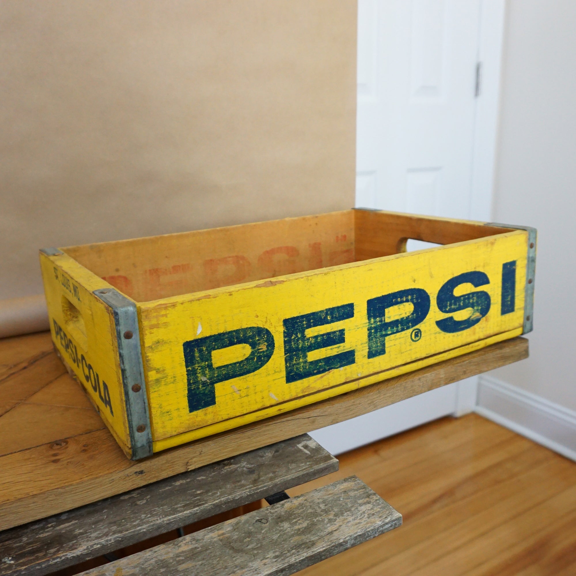 1970s Vintage PEPSI COLA Soda Bottles Yellow Tray Crate Container