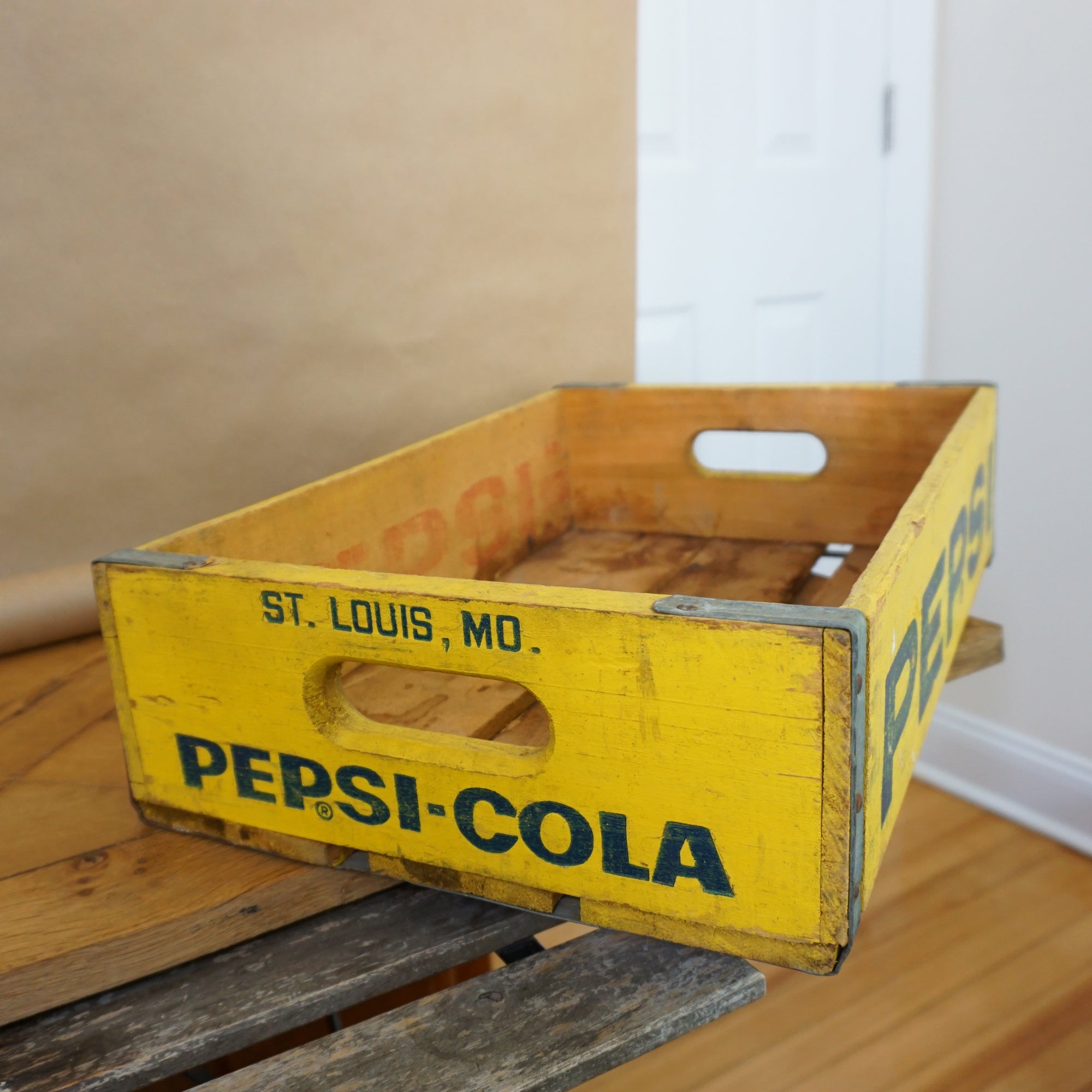 1970s Vintage PEPSI COLA Soda Bottles Yellow Tray Crate Container