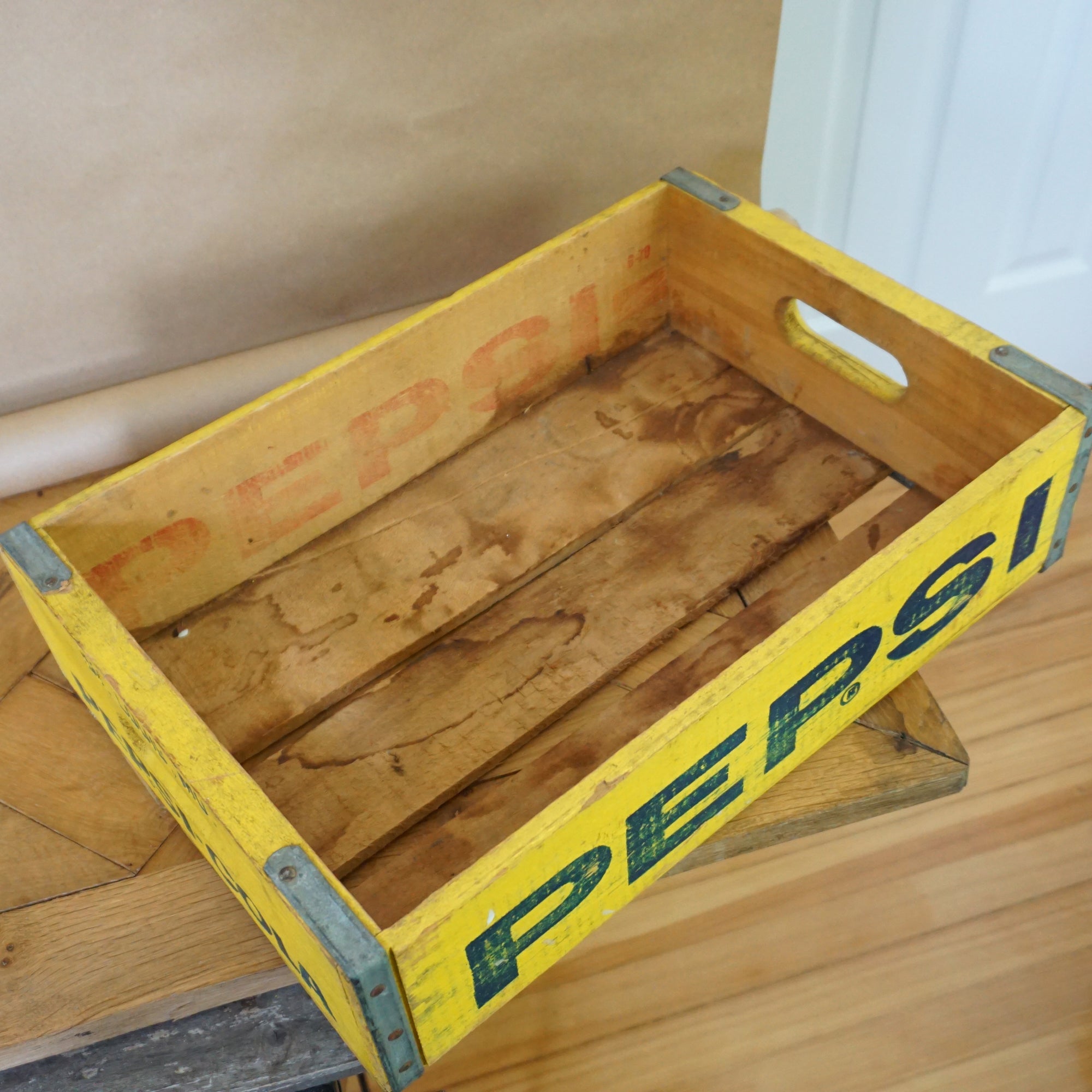 1970s Vintage PEPSI COLA Soda Bottles Yellow Tray Crate Container