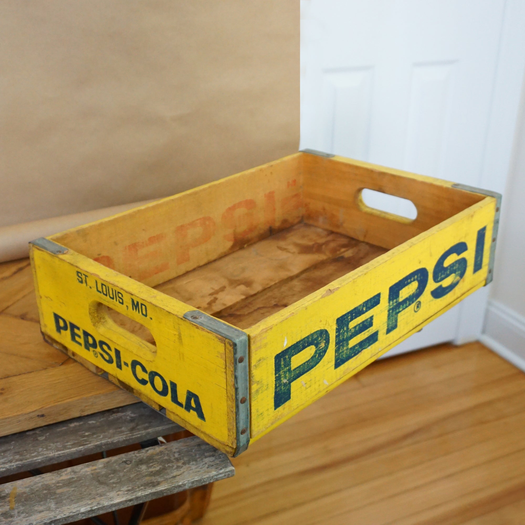 1970s Vintage PEPSI COLA Soda Bottles Yellow Tray Crate Container