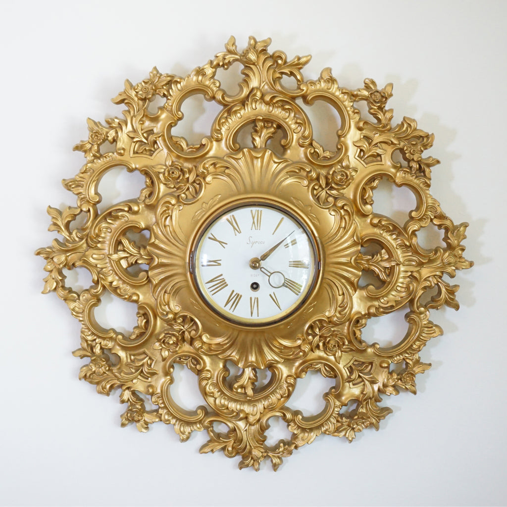 1960s Vintage SYROCO Gold Resin 8-day Windup Rococo & Brass Wall Clock. USA.