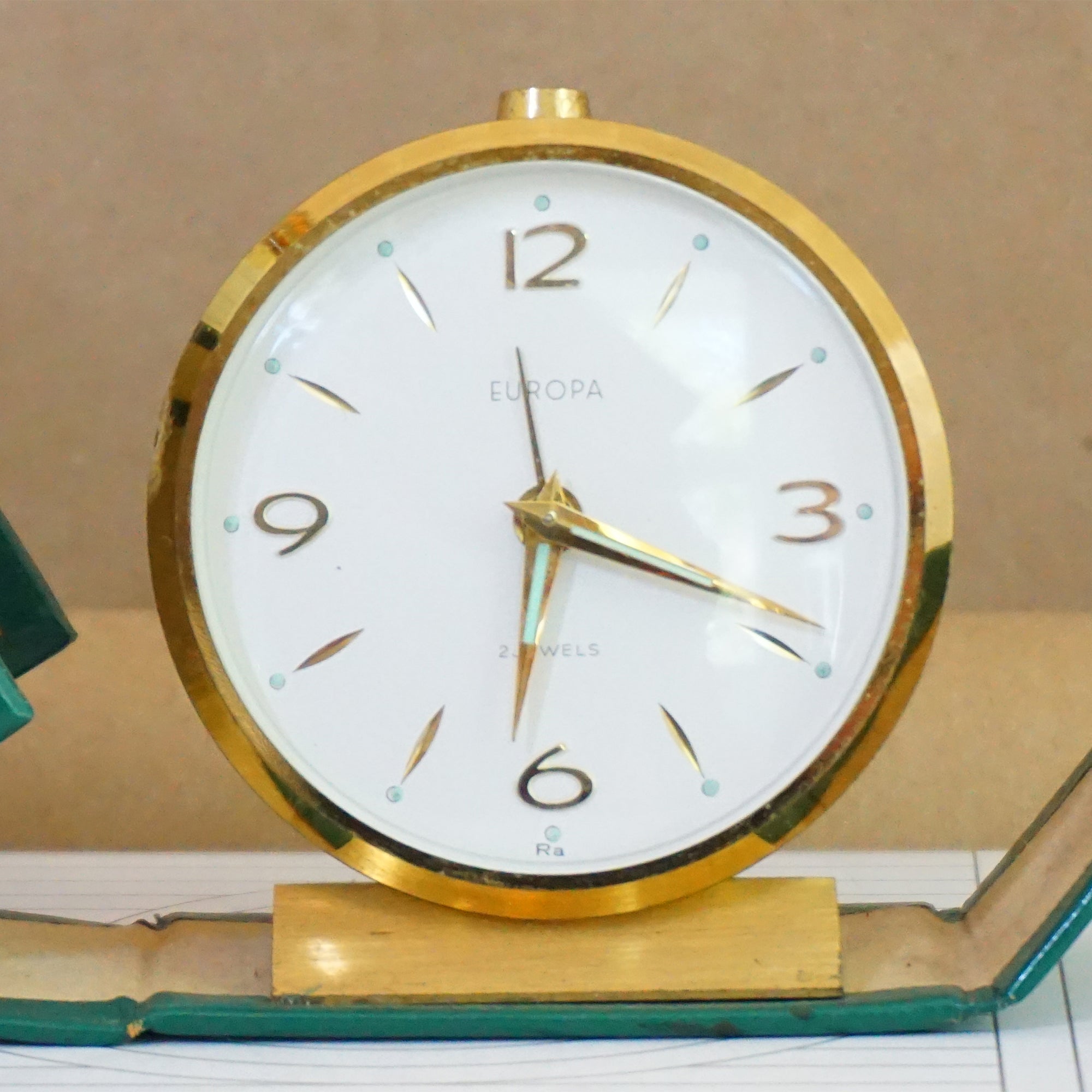 Rare Vintage EUROPA Windup Traveler Gold Tone with Teal Case Alarm Clock. Made in Germany.