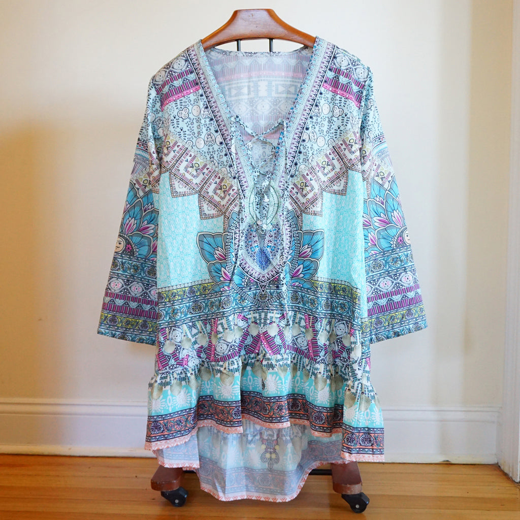 SHEILAY Lace Up Long Sleeve Floral Print Loose Dress