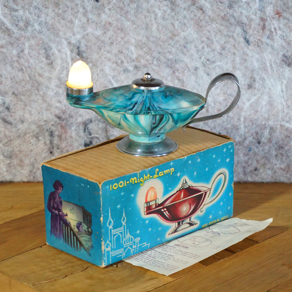 Vintage 1001-NIGHT-LAMP Genie Blue Tie-Dye Color Nightlight. Design No. 903131. Made in Hong Kong, British Empire.