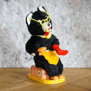 1950s Wind-Up TN TOYS NOMURA Boot Shining, Pipe Smoking Bear. Made in Japan.
