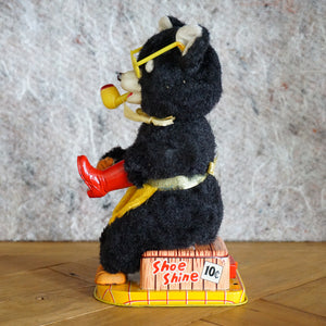 1950s Wind-Up TN TOYS NOMURA Boot Shining, Pipe Smoking Bear. Made in Japan.