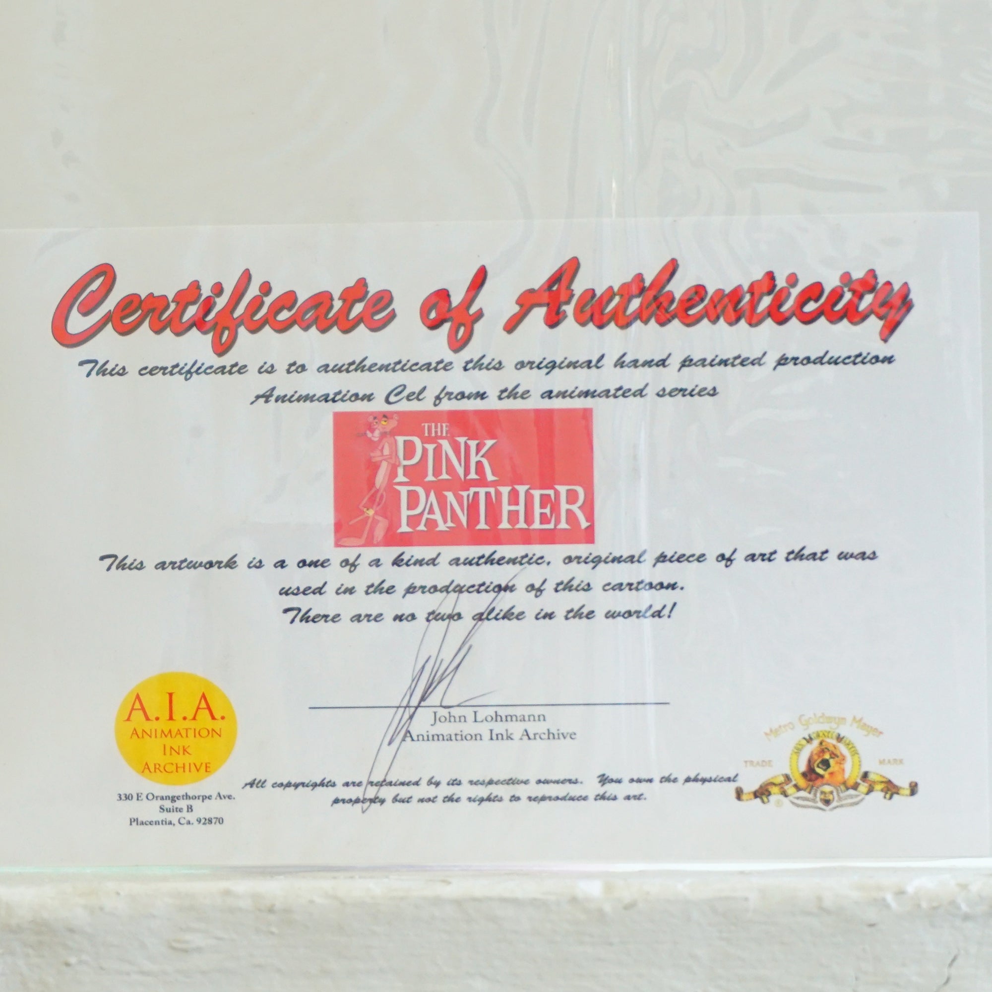 1993 PINK PANTHER Signed Original Hand Painted Cel & Hand Copied Background. AIA Certificate of Authenticity.
