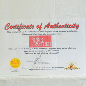 1993 PINK PANTHER Signed Original Hand Painted Cel & Hand Copied Background. AIA Certificate of Authenticity.