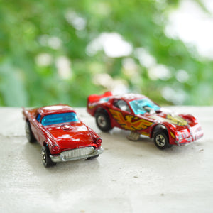 1977 Lot of 2 Vintage HOT WHEELS Firebird Funny Car & '57 Ford T-Bird Red Cars. Made by Mattel, Inc.