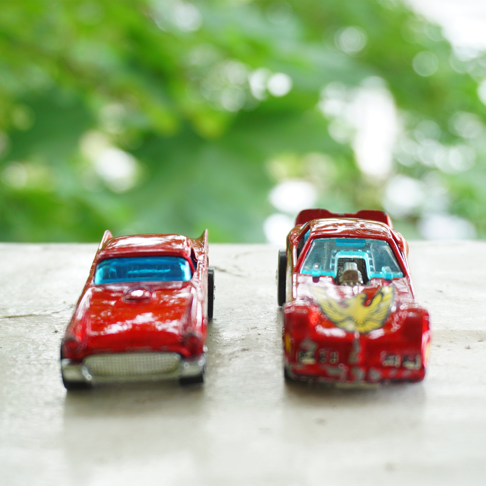 1977 Lot of 2 Vintage HOT WHEELS Firebird Funny Car & '57 Ford T-Bird Red Cars. Made by Mattel, Inc.