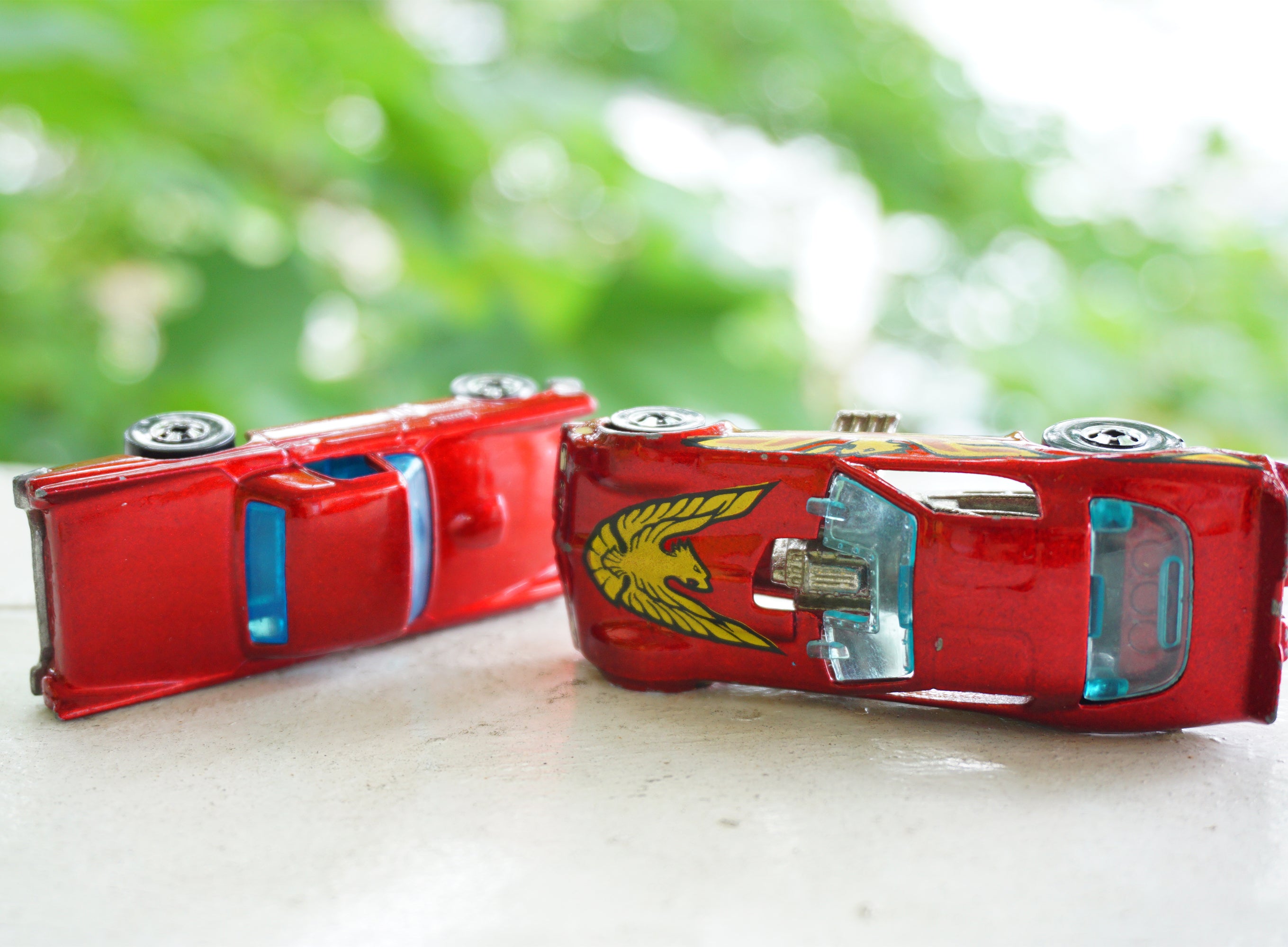 1977 Lot of 2 Vintage HOT WHEELS Firebird Funny Car & '57 Ford T-Bird Red Cars. Made by Mattel, Inc.