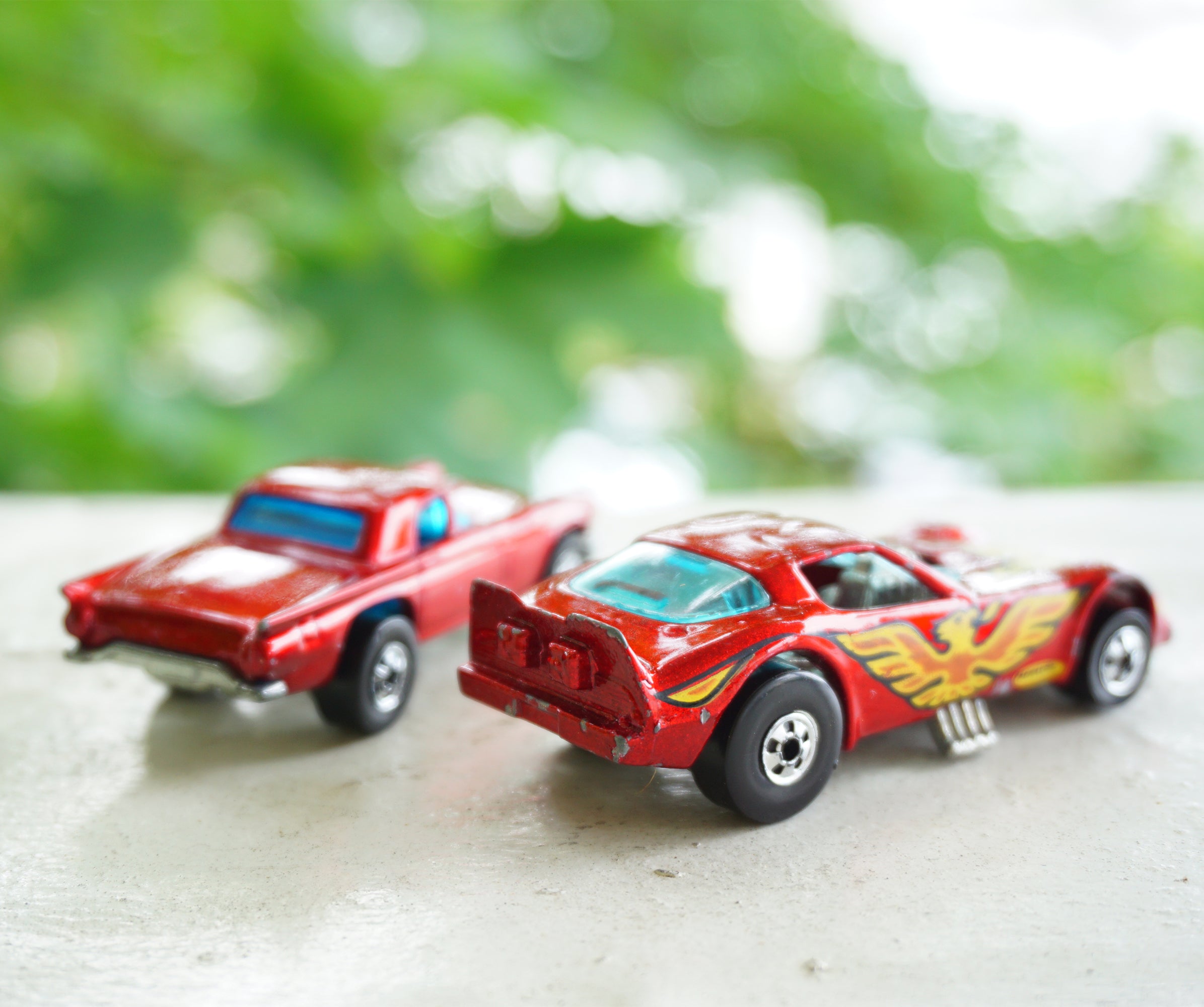 1977 Lot of 2 Vintage HOT WHEELS Firebird Funny Car & '57 Ford T-Bird Red Cars. Made by Mattel, Inc.