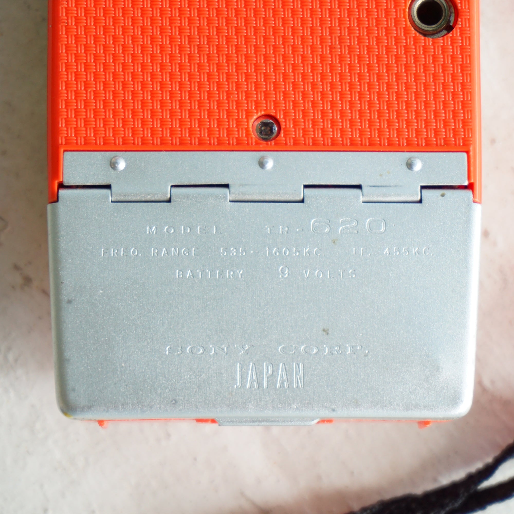 1960s Rare Vintage SONY Six Transistor Orange Pocket Radio with Leather Case. Model: TR-620. Made in Japan.