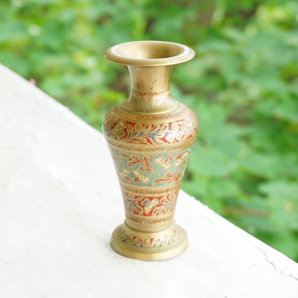 Vintage Indian Solid Brass Floral Engraved Decorative Vase. Handmade in India.