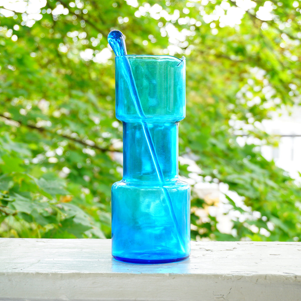 Mid-Century Aqua Blue Glass Cocktail Pitcher and Teardrop Stirrer