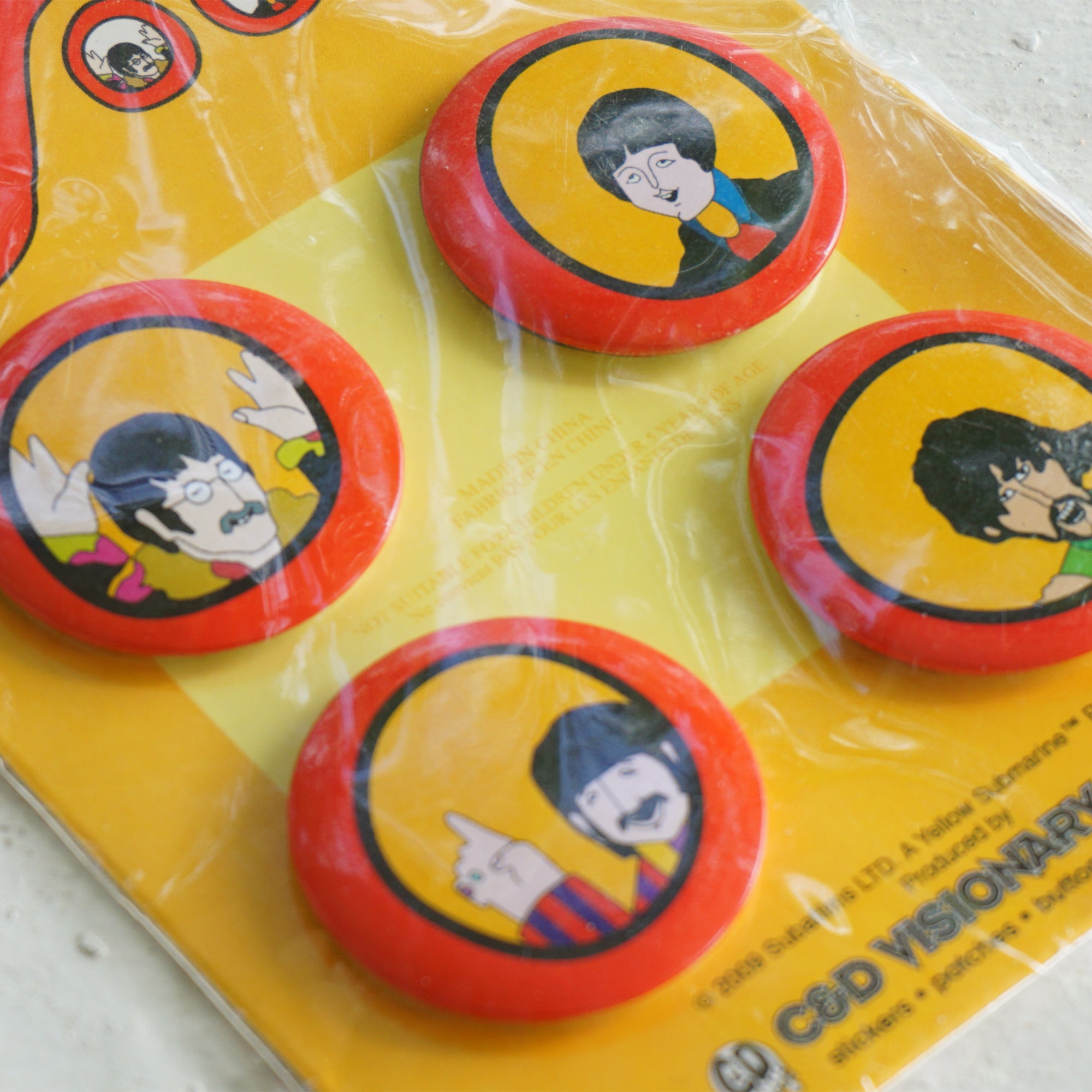 2009 THE BEATLES Yellow Submarine 4 Button Badge Pack: Lennon, McCartney, Harrison, Starr. 1.5" each.