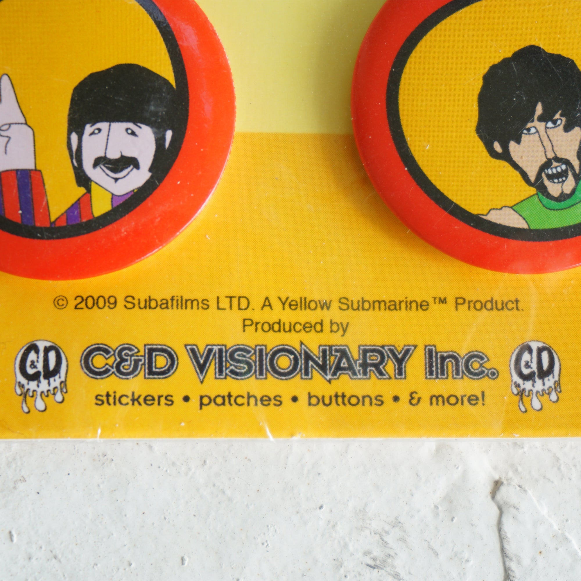 2009 THE BEATLES Yellow Submarine 4 Button Badge Pack: Lennon, McCartney, Harrison, Starr. 1.5" each.
