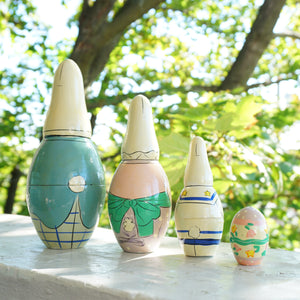 Vintage 4 Easter Bunny Wooden Nesting Dolls. Bunny Family with Mama, Papa, Son and Egg.