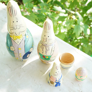 Vintage 4 Easter Bunny Wooden Nesting Dolls. Bunny Family with Mama, Papa, Son and Egg.