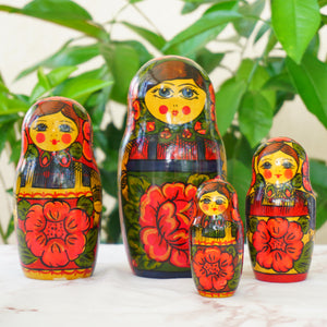 Hand Painted Wood Matryoshka "Матрёшка". Traditional Russian Nesting Dolls. Set of 4.