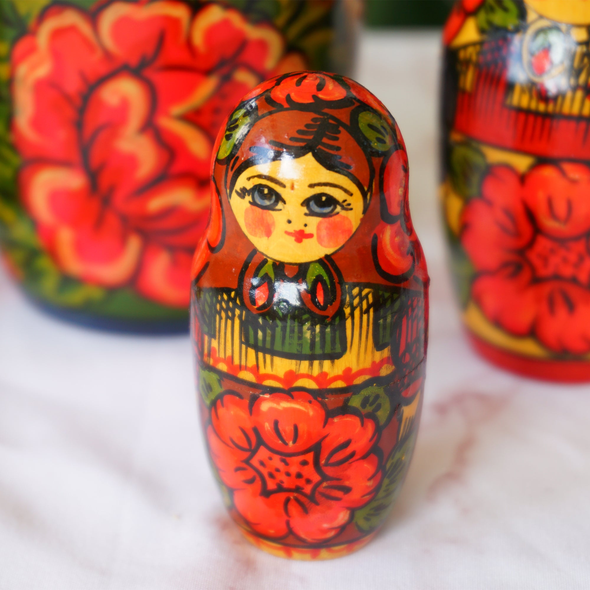 Hand Painted Wood Matryoshka "Матрёшка". Traditional Russian Nesting Dolls. Set of 4.