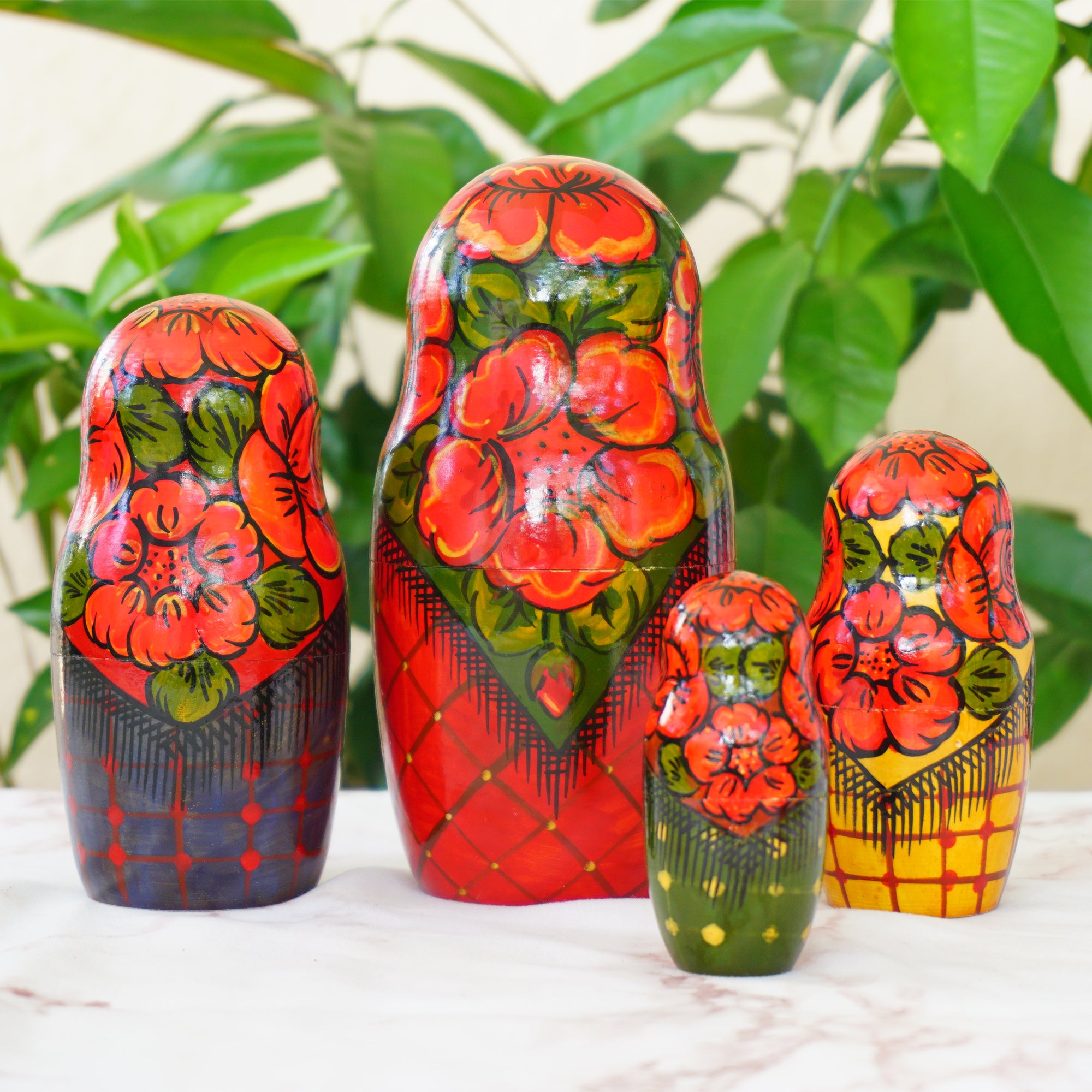 Hand Painted Wood Matryoshka "Матрёшка". Traditional Russian Nesting Dolls. Set of 4.