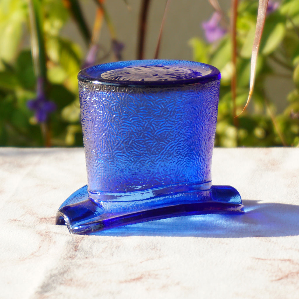 1950s Vintage LOWELL Cobalt Blue Glass Top Hat Astray. Ad for Hand Cream Deodorant Bluegem Cream. Piqua, Ohio, USA.