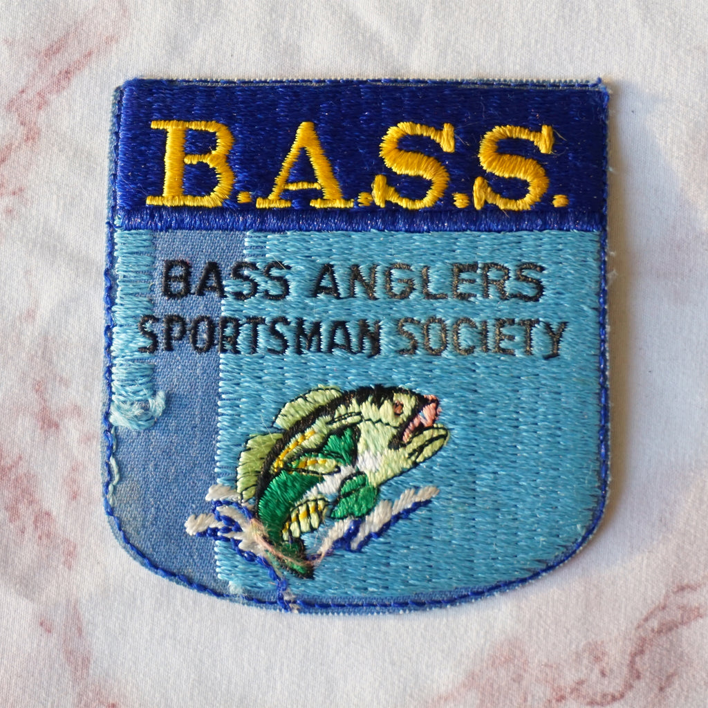 1980s Vintage 3.25" B.A.S.S. Bass and Anglers Sportsman Society Clothing Patch with Fish. Blue, Green and Yellow Colors.