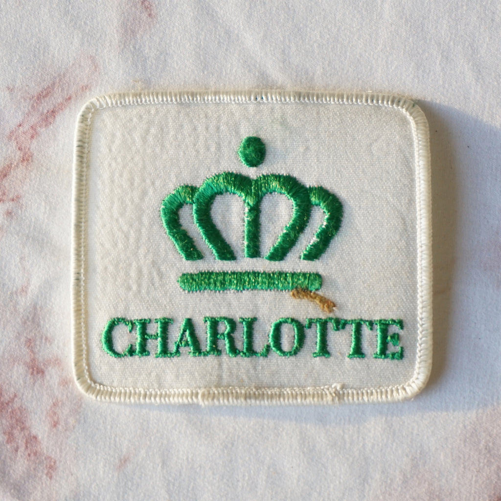 1980s Vintage 3.25" "CHARLOTTE" Hornets Crown Clothing Patch. White and Green.