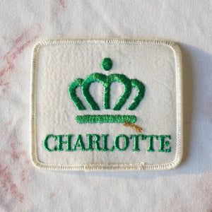 1980s Vintage 3.25" "CHARLOTTE" Hornets Crown Clothing Patch. White and Green.